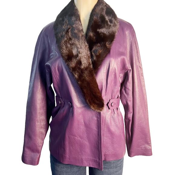 Unknown Jackets & Blazers - Vintage, Purple Leather Jacket with Faux Fur Collar Size S